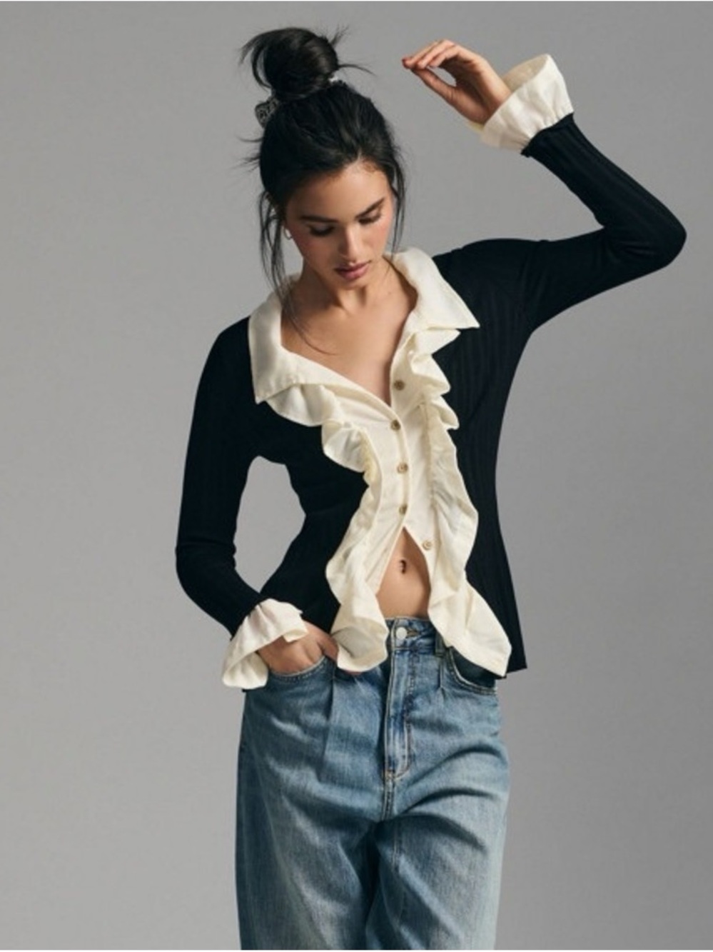 Anthropologie Ruffled Button-Up Women’s Sweater dark romance indie sleeze